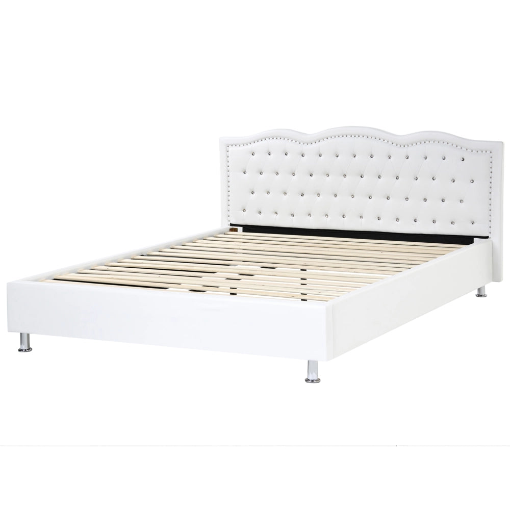 Letto 180 x 200 cm in ecopelle bianca da 1,80 con cornice imbottita bottoncini in cristallo con finiture per la testa dei chiodi