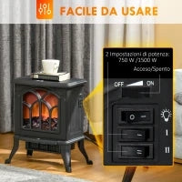 Camino Elettrico da Terra con 2 Livelli di Potenza 750/1500 W, Effetto Fiamma, Area di Copertura 15-20 m², Nero