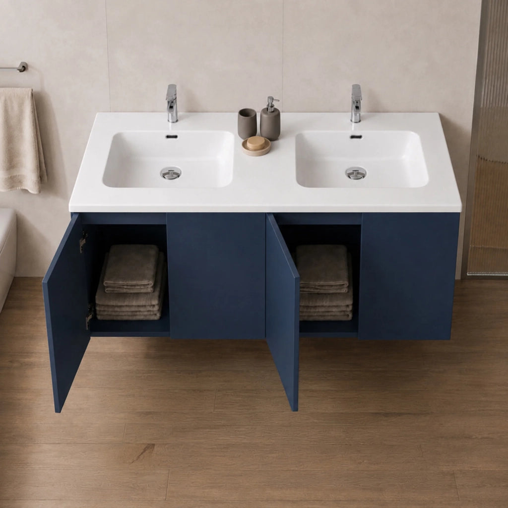 Mobile bagno sospeso 120 cm blu quattro ante e doppia vasca Tierra