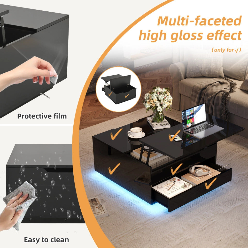 Tavolino da caffè con piano alzabile; cassetto e LED - per soggiorno - 70 x 70 x 38 cm - nero