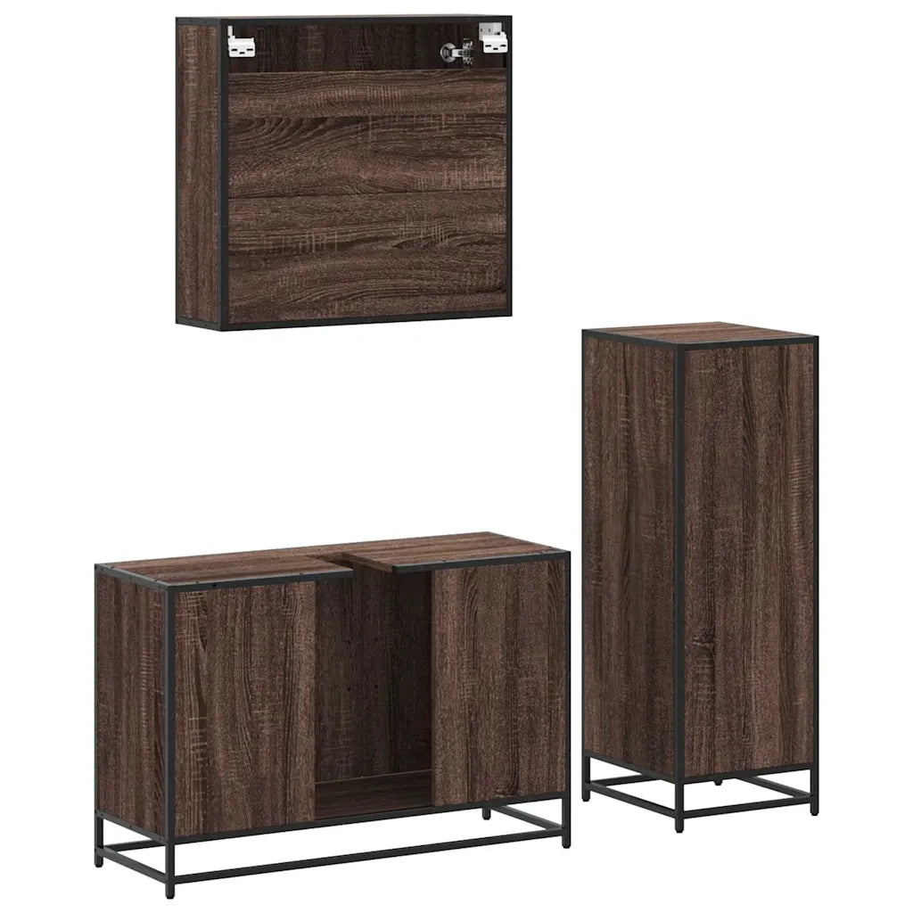 Set Mobili da Bagno 3 pz Rovere Marrone in Legno Multistrato