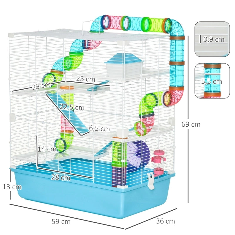 Gabbia per piccoli animali a 5 livelli con rampa ruota ciotola e borraccia in plastica azzurro 59 × 36 × 69 cm