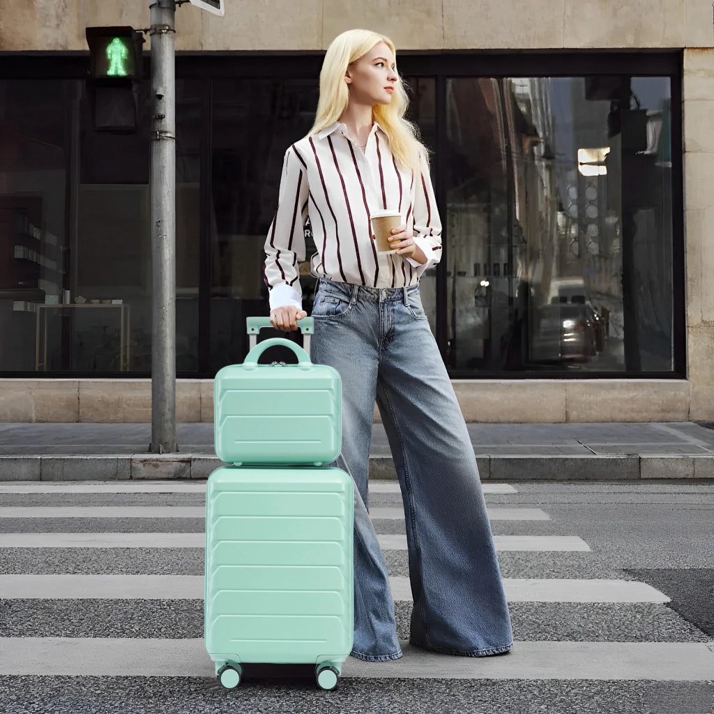 Set di 2 valigie girevoli in ABS da 14"/19" con lucchetto a combinazione e trousse da 14" (verde menta)