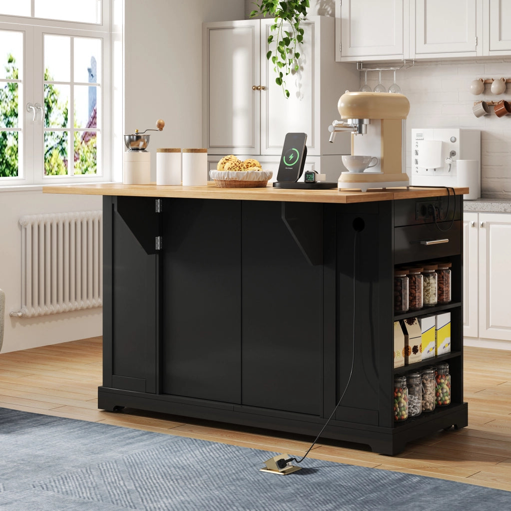 Isola cucina 138 cm con piano ribaltabile; ruote; presa EU; USB e Type-C; MDF nero effetto legno