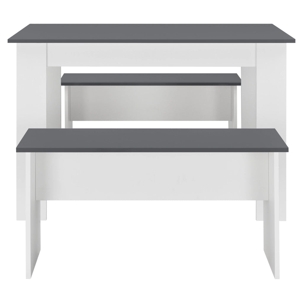 Set Hokksund per Sala da Pranzo Tavolo e 2 Panche - Bianco / Grigio [en.casa]