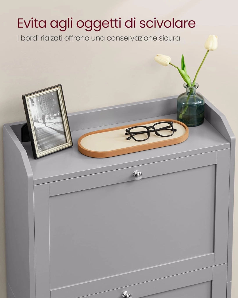 VASAGLE Scarpiera con 3 Scomparti a Ribalta, Scarpiera Salvaspazio, Divisori Regolabili, Portascarpe per fino a 12-20 Paia di Scarpe, Ingresso Corridoio, 24 x 60 x 121,2 cm, Grigio Tortora LBC036GD01