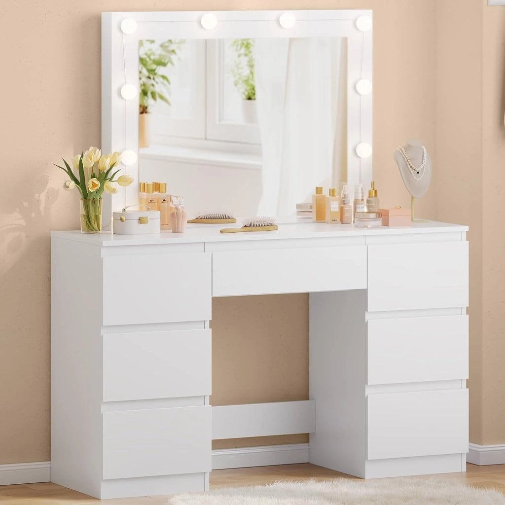 Grande toeletta da trucco, Toeletta con Specchio e Luci, Tavolo da trucco con specchio, Postazione Trucco con 7 cassetti per Camera da Letto, bianco, 107 cm