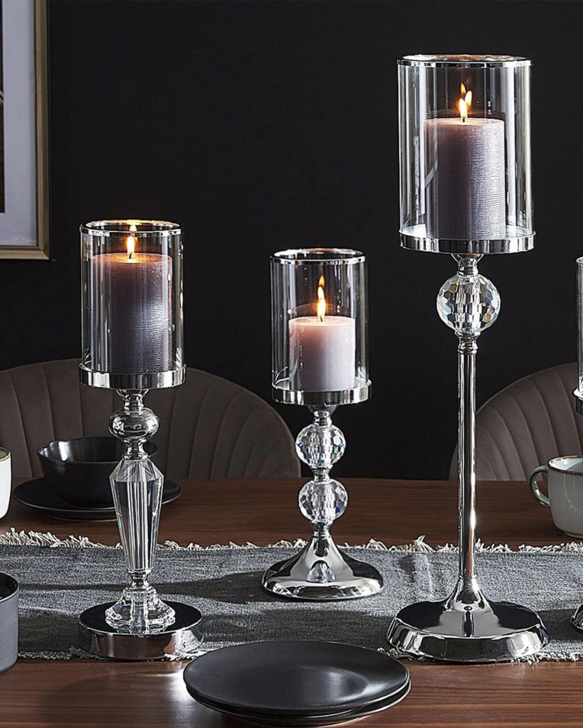 Portacandele Metallo Argento Vetro Glamour candeliere candelabro stile elegante tradizionale