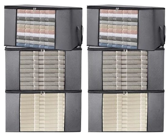Opbergtas per 6 pezzi (90 l), realizzato con 150 gram di tessuto non tessuto respirante, extra spesso per l'immagazzinamento di capi di abbigliamento. Questo contenitore per coperte mantiene la tua abbigliamento organizzato.