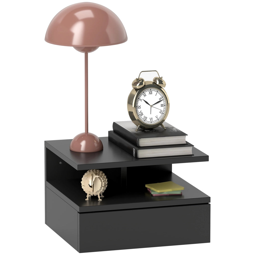 Comodino Sospeso in Legno con Cassetto e Mensola ¨C Zephmum ¨C Nero 35x32x22.5cm
