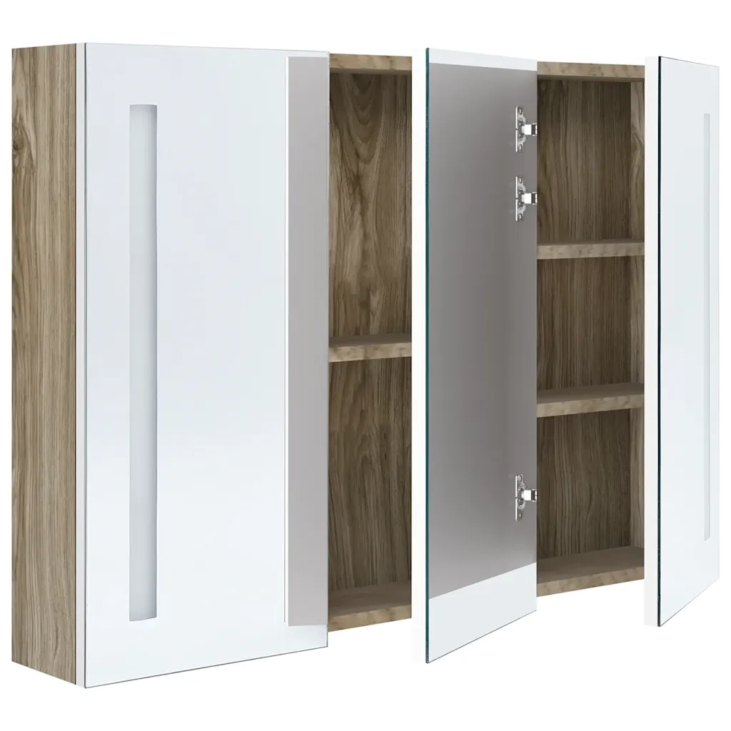Armadietto Bagno | Armadio da bagno con Specchio e LED 89x14x62 cm Bianco e Rovere