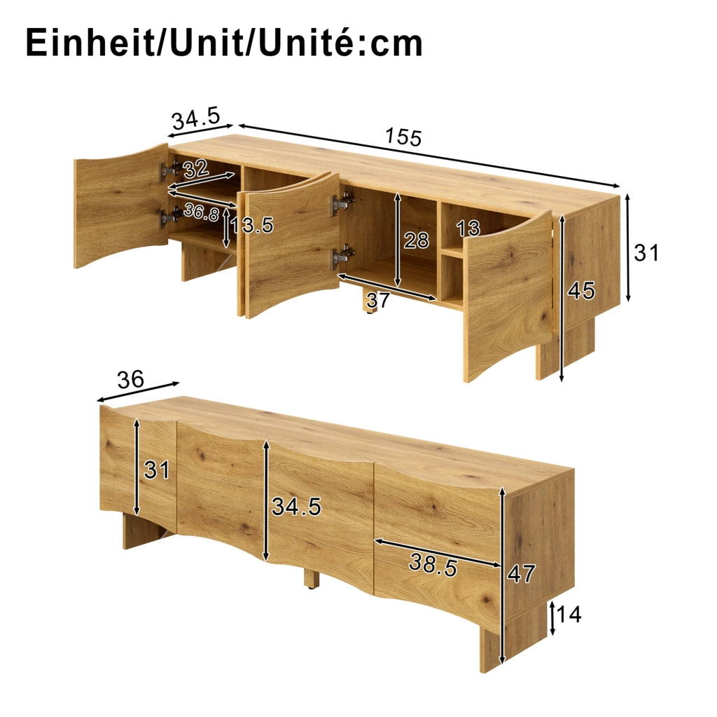 Mobile TV 155x36x47 cm con quattro porte e passacavi in truciolato naturale