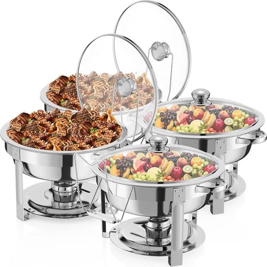 Set di servizio caldo per piatti da 6 litri - Banchetto di servizio caldo - Acciaio inossidabile - Coperchio di vetro trasparente - Buffet riscaldatore di cibo caldo