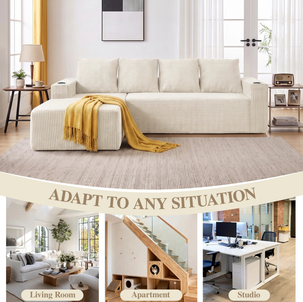 Divano modulare a L con chaise longue; portabicchieri e tasche; velluto a coste beige