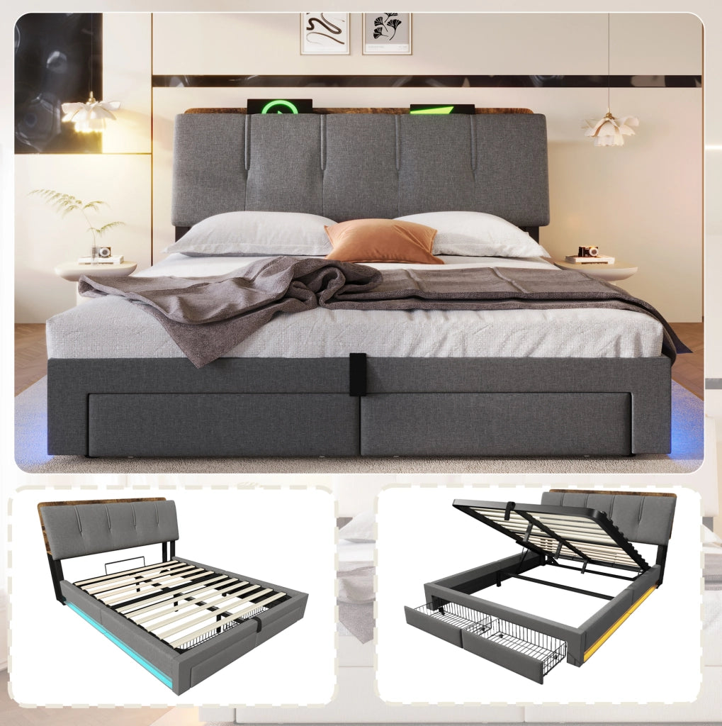 Letto contenitore imbottito ULEVR 140x200 cm con LED, USB e Type-C, cassetti laterali, lino grigio