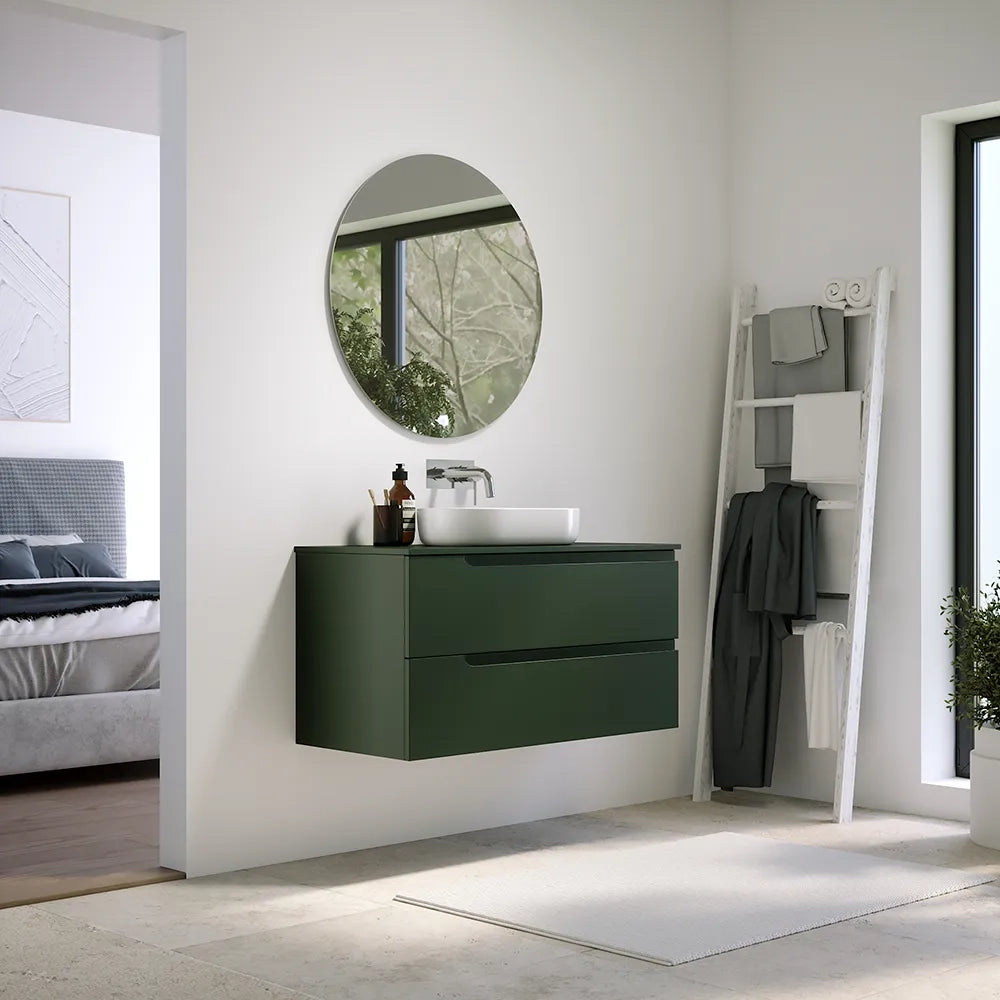 Mobile bagno sospeso 100 cm due cassetti verde foresta opaco con top | Ardenne
