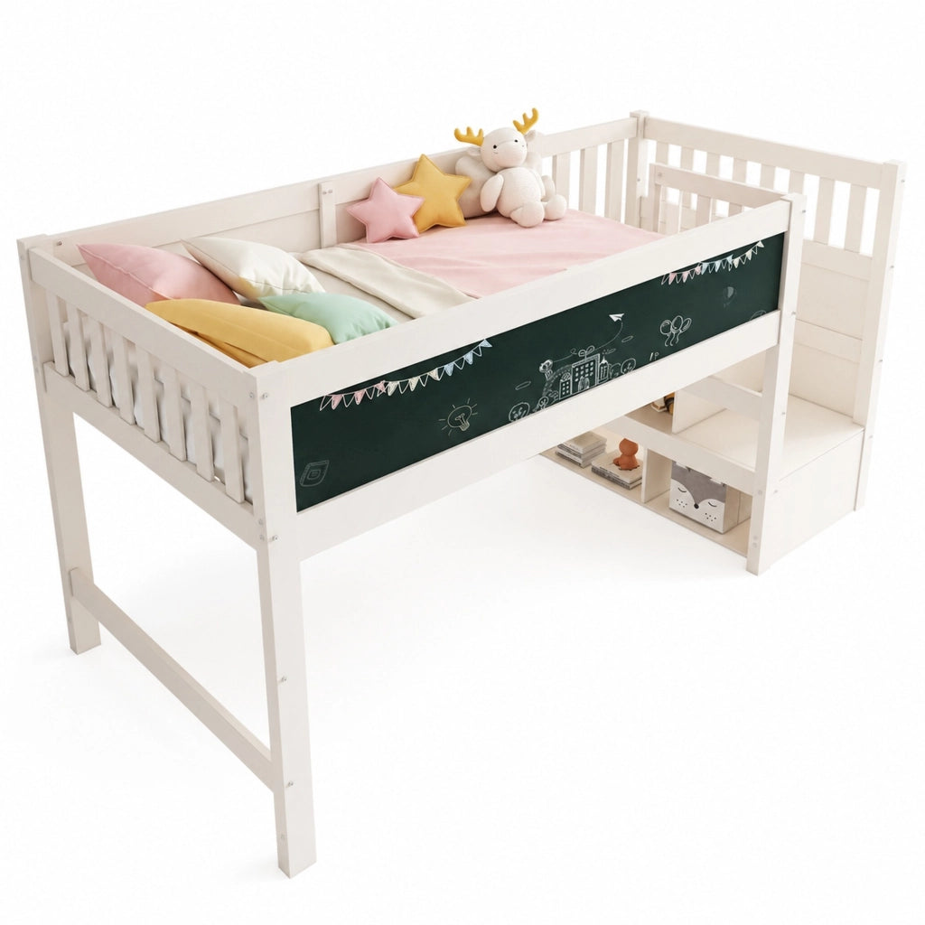 Letto a soppalco per bambini 90 x 200 cm con scala contenitore, lavagna e sponde di sicurezza, bianco