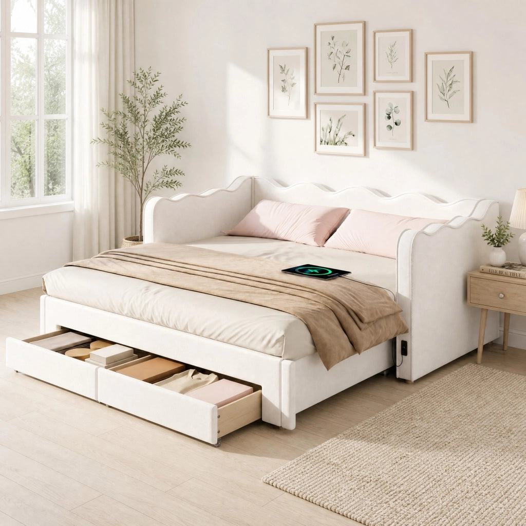 Letto divano estraibile 90 × 200 cm con 2 cassetti, USB e Type-C, senza materasso, in velluto, beige