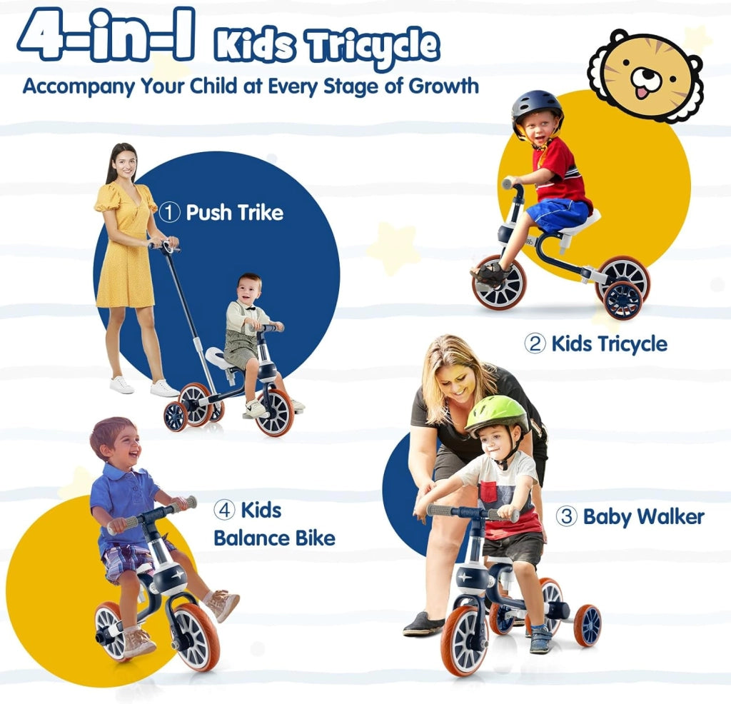 4 in 1 Triciclo Evolutivo per Bambini, Bicicletta Bambini con Manico a Spinta Regolabile in 4 Posizioni, Sellino in 2 Posizioni, Pedali Rimovibili, per Bambini e Bambine da 1 Anno + (Blu)