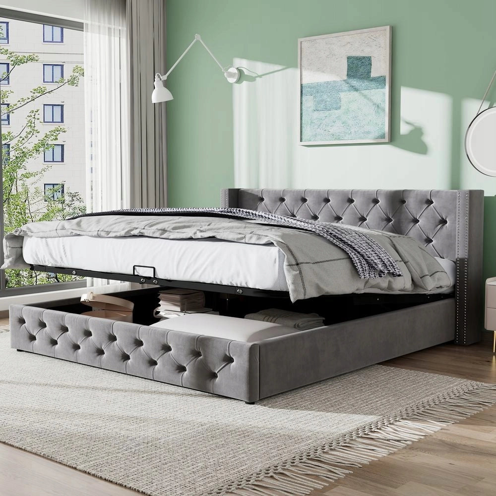 Letto con contenitore 140x190cm - Xylo - Trapuntato meccanismo idraulico grigio