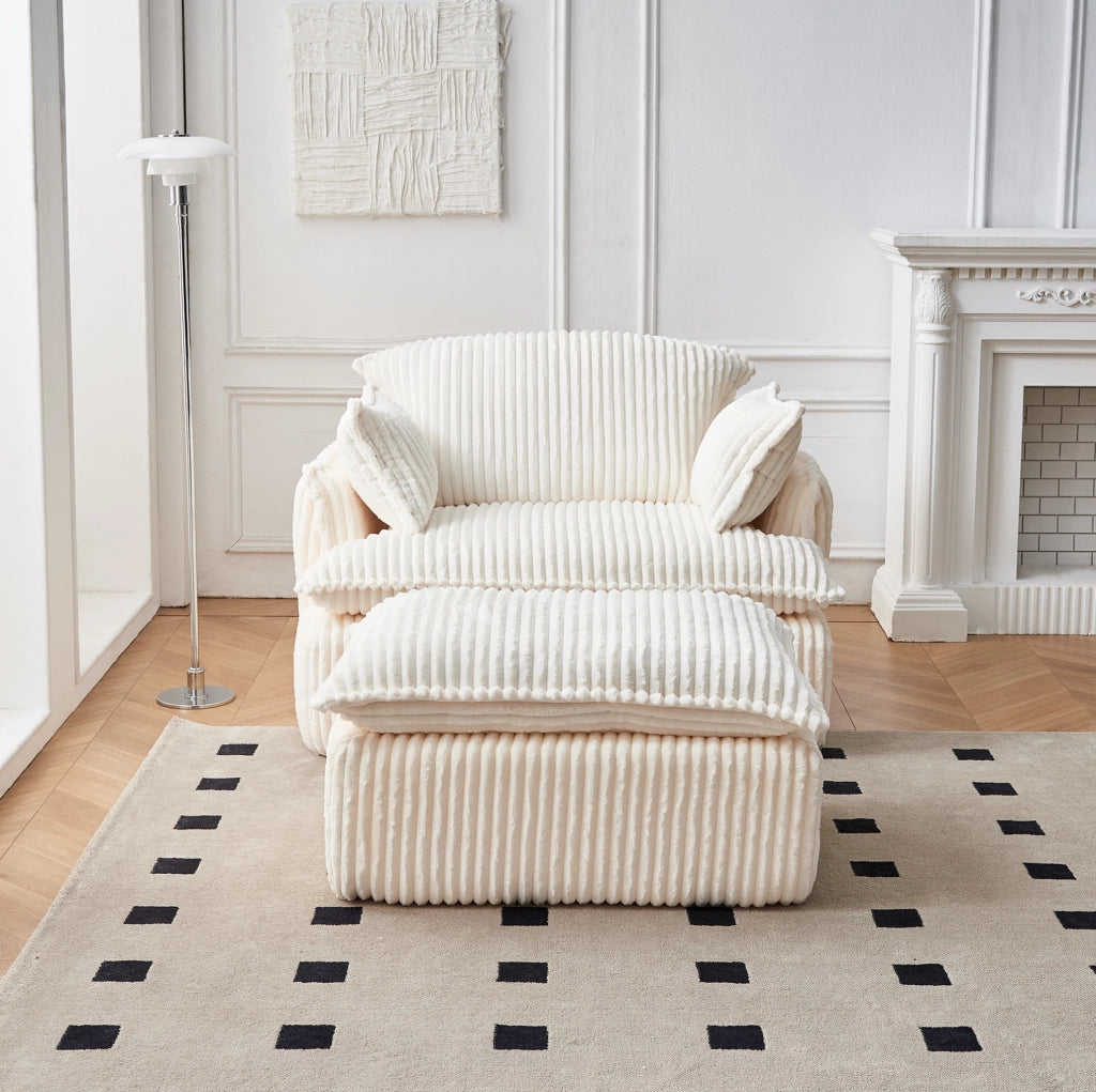 Poltrona relax compressa con pouf in tessuto flanella beige HOMVRA