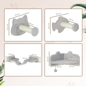 Set parete per gatti a 4 pezzi con piattaforme e scaletta, grigio chiaro