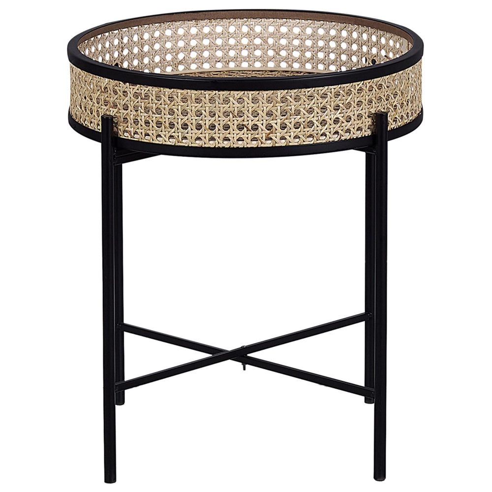 Tavolino in metallo Nero gambe pieghevoli in rattan chiaro piano staccabile rotondo Boho