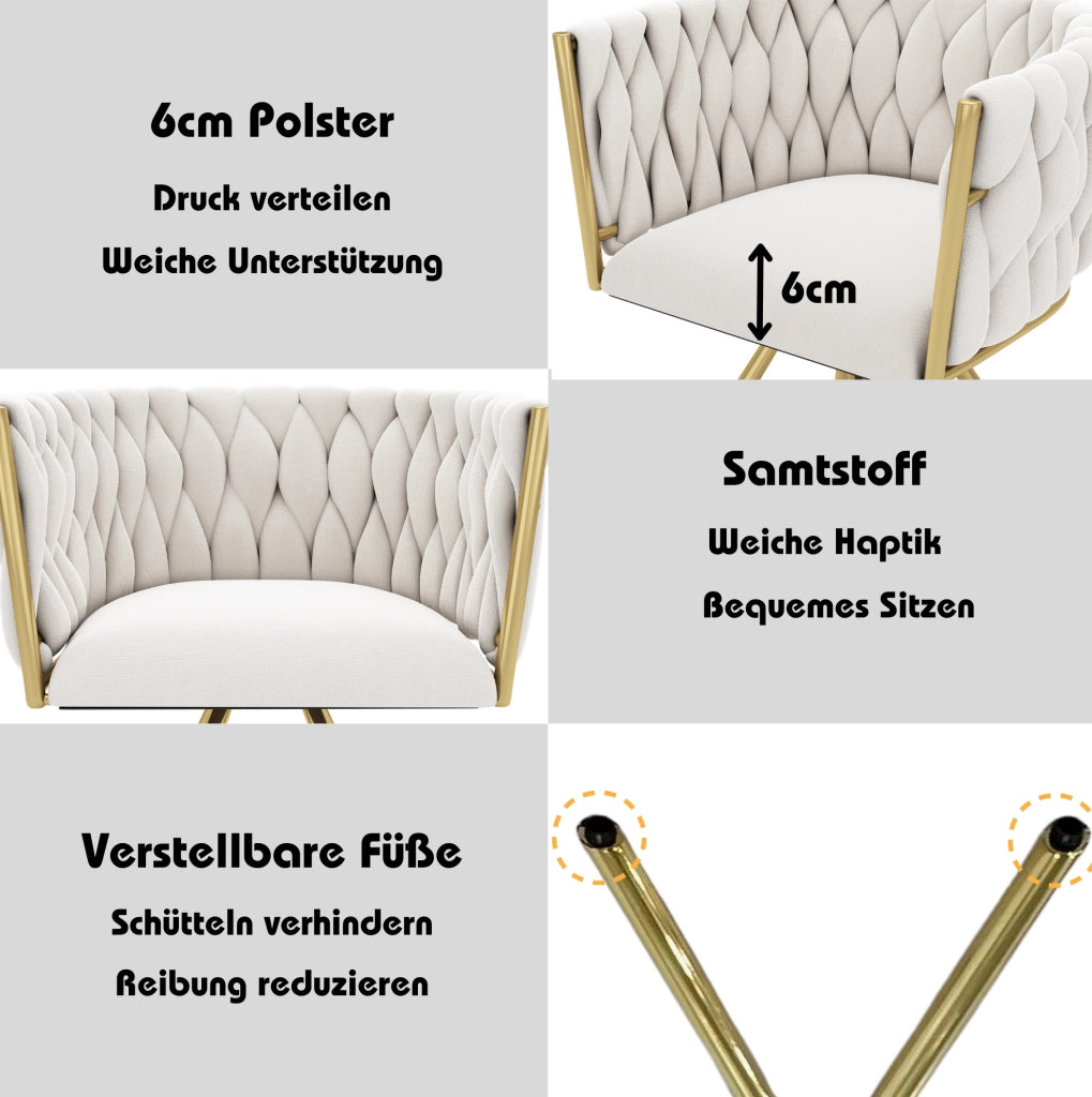 Set 2 sedie da pranzo girevoli 360° in velluto beige e oro; struttura in metallo
