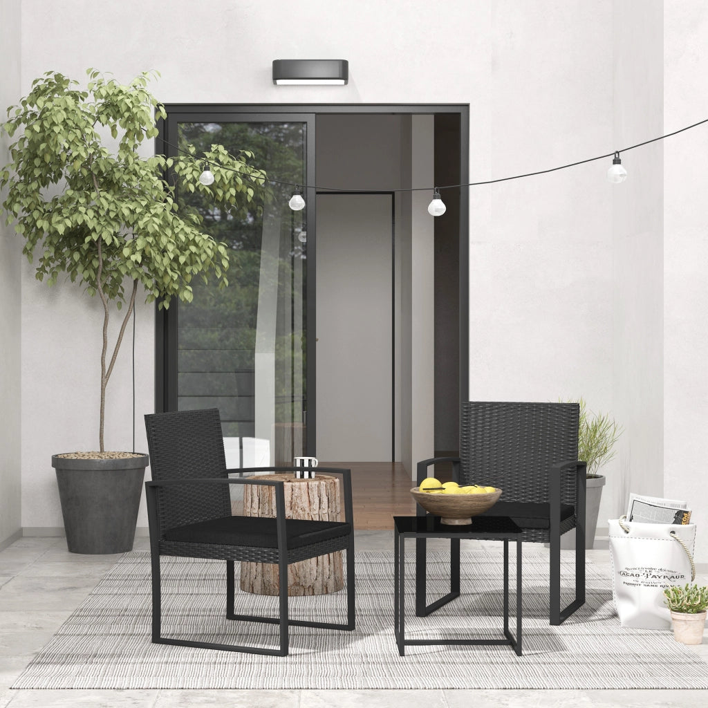 Set da Giardino 3 Pezzi con 2 Sedie e Tavolino ¨C zephmum ¨C Poltroncine con Cuscini, Vetro, Nero