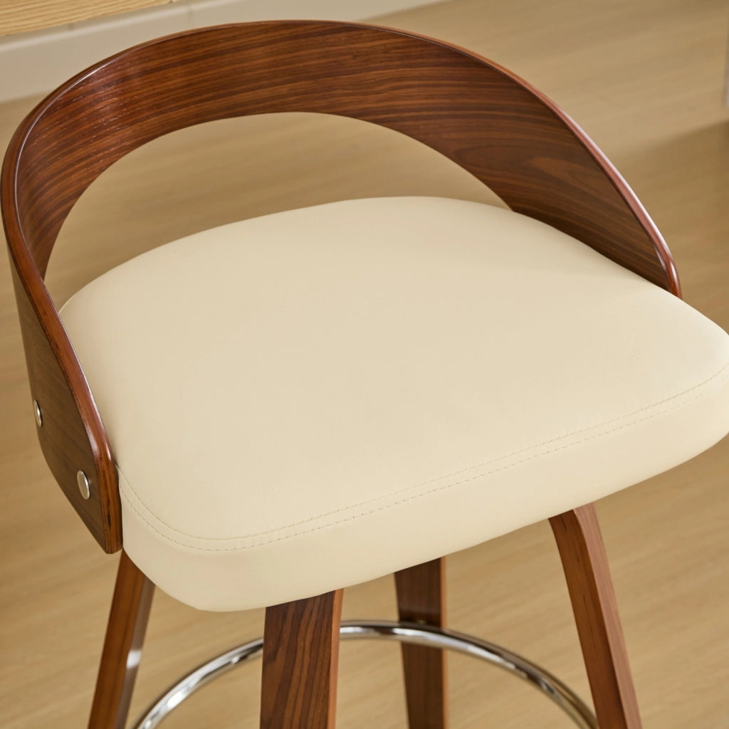 Sgabello da bar girevole con schienale basso in pelle sintetica e legno noce, seduta imbottita beige, design mid-century