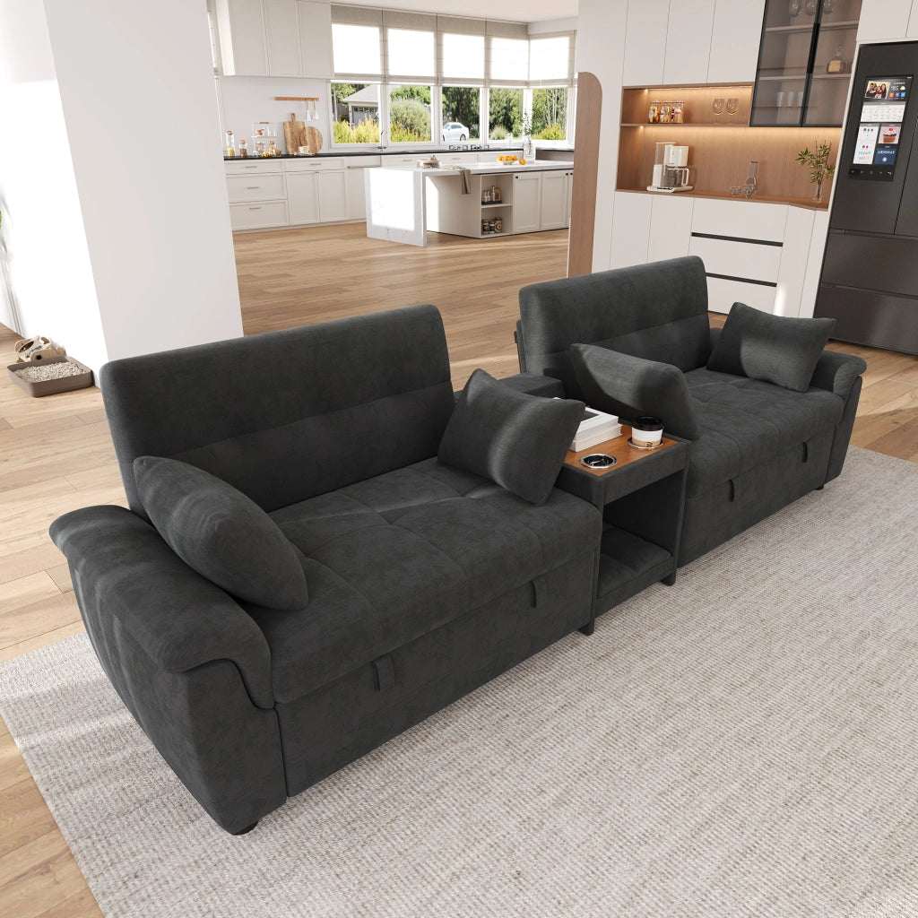 Divano letto a U multifunzionale in chenille, grigio scuro, con doppio letto estraibile, 3 posizioni dello schienale, area per animali domestici e 2 portabicchieri