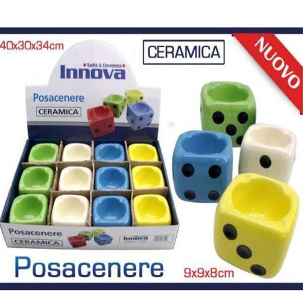 Trade Shop - Set 12 Pezzi Posacenere Porta Cenere Sigarette In Ceramica Dado Colorato -