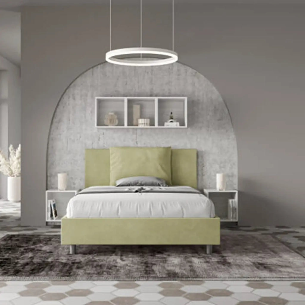 Letto matrimoniale francese senza rete imbottito 140x190 microfibra tè verde Antea