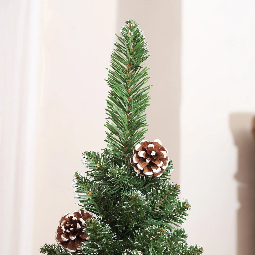 Albero di Natale Innevato Slim Alto 225 cm con 980 Rami Pigne e Base in Acciaio Verde