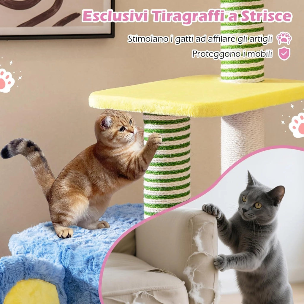 Albero per Gatti a Tema Elefante, Albero Tiragraffi per Gatti con Condomini, Ripiano Imbottito, Pali da Graffiare, Giocattolo in Peluche, Piattaforme e Cuscino Rimovibile, Cat Tree per Interno