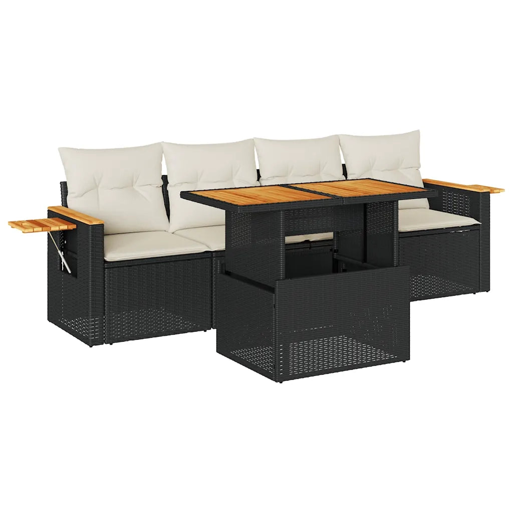 Set Divani da Giardino 5 pz con Cuscini Nero Polyrattan Acacia