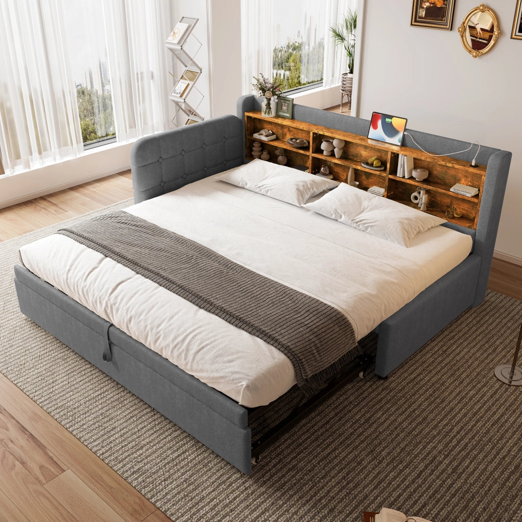 DESMIU Letto estraibile 90 × 200 cm e 180 × 200 cm 1 piazza con USB, Type-C e vani, senza materasso, grigio