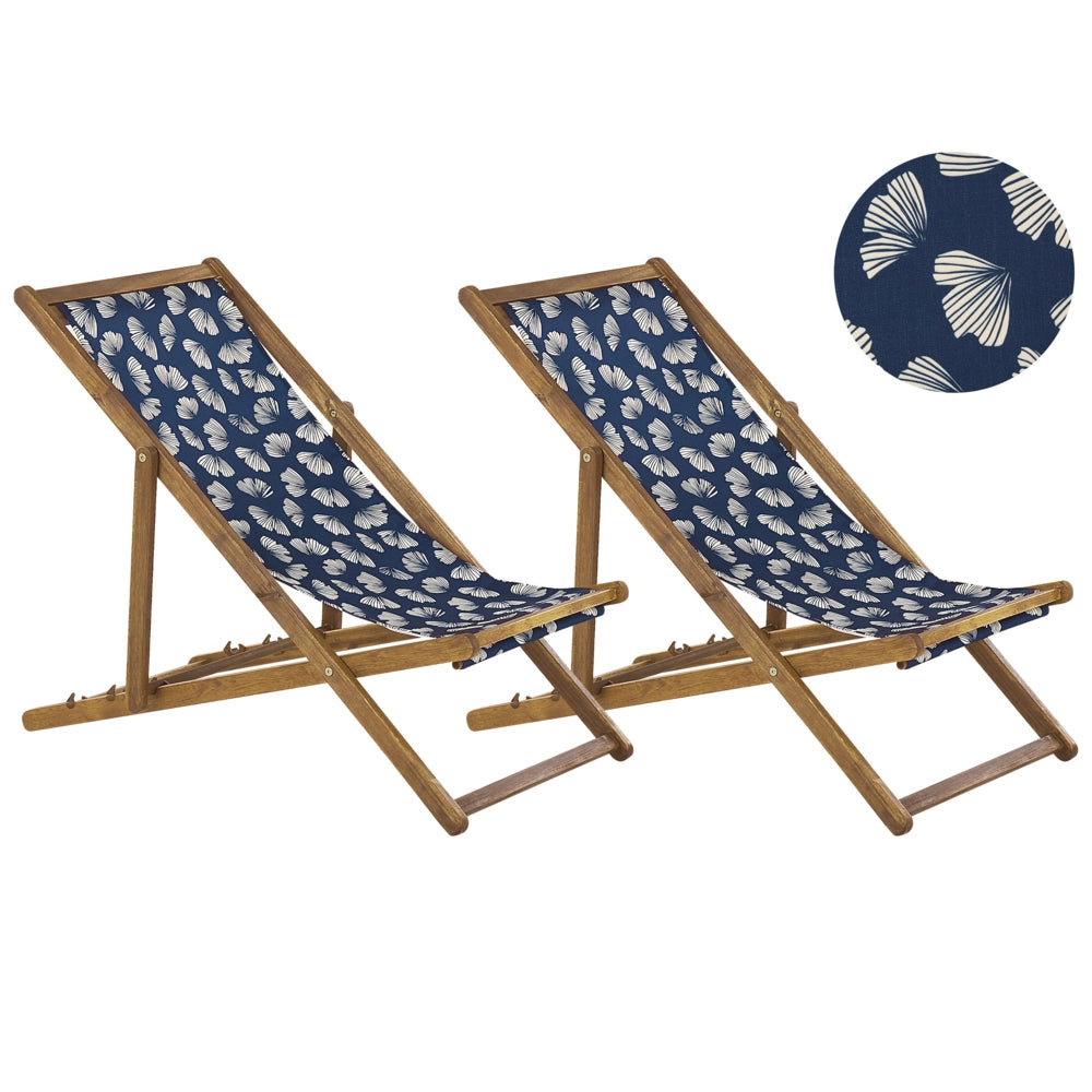 Set di 2 sedie a sdraio da giardino con struttura in legno di acacia chiaro con motivo floreale in tessuto amaca sedile reclinabile