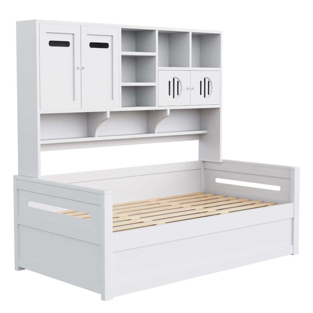 Letto a Divanetto Singolo 90 x 200 cm; Contenitore e Mensole - in Legno - Bianco
