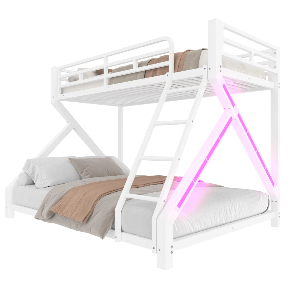 Letto a castello in metallo con LED; 90x200 cm e 140x200 cm; bianco