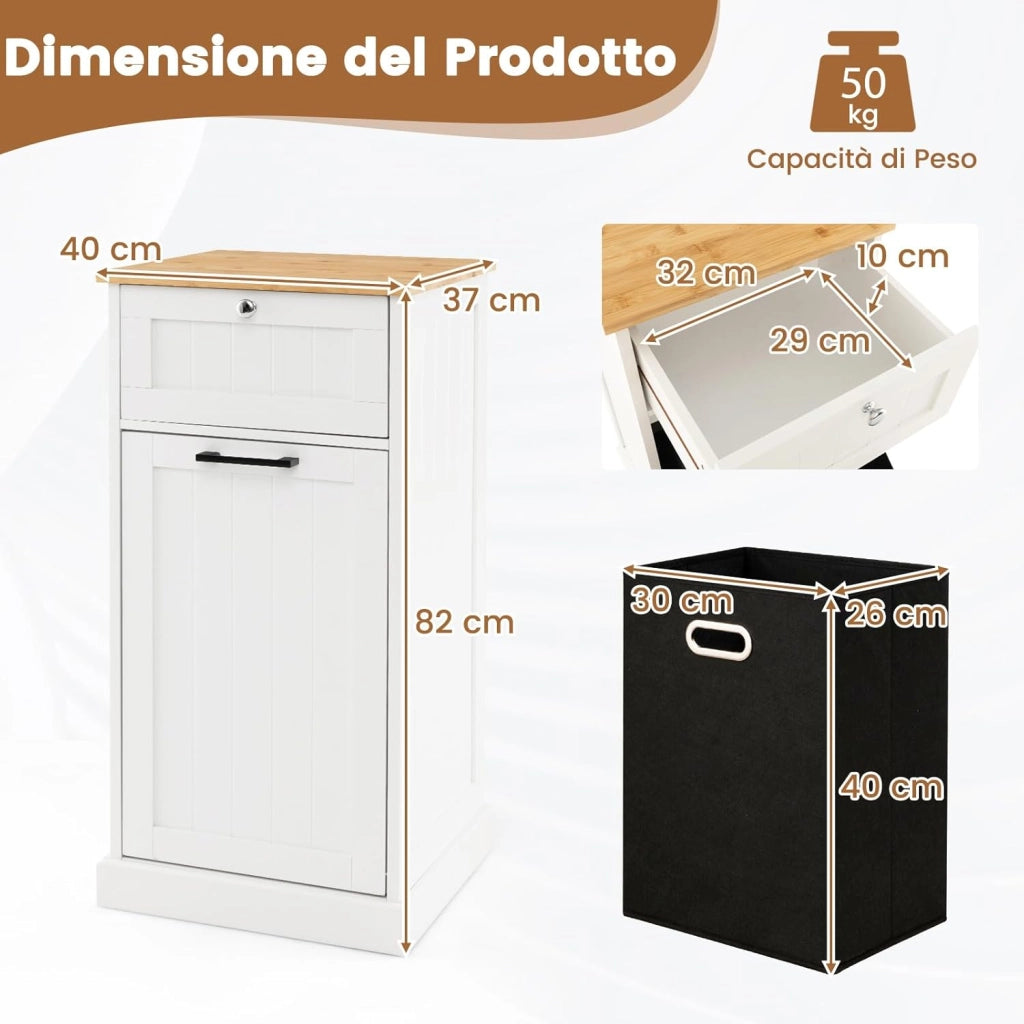 Mobile con Cesta Portabiancheria, Cesto per Biancheria con Cassetto, Mobile Multiuso da Bagno, 40x37x82 cm, Bianco
