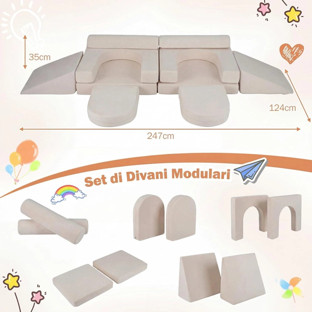 Divano da Gioco per Bambini Trasformabile, Poltrona Modulare a 10 Pezzi, Tessuto Suede e Schiuma ad Alta Elasticità, Divanetto per Bambini 3+ Anni, per Camerette, Soggiorno e Studio (Beige)