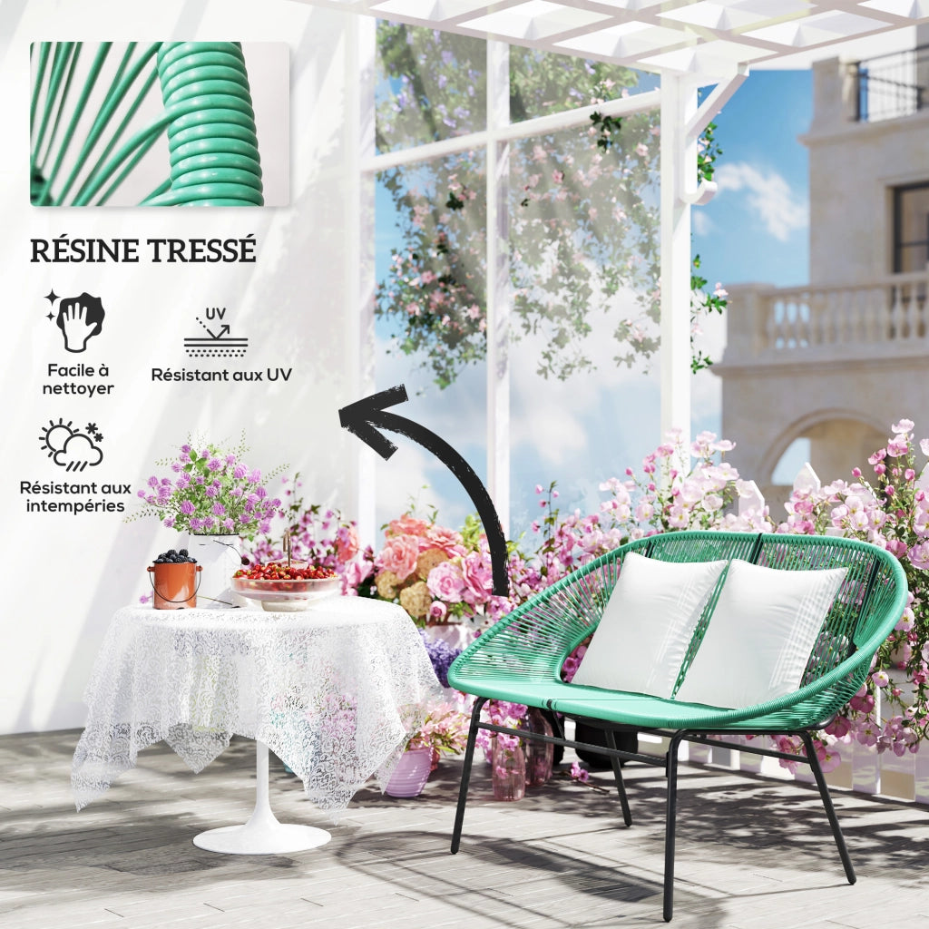 Panchina da giardino 2 posti ¨C Minimal ¨C acciaio e corda in resina con cuscini, verde scuro, 132x72x83 cm