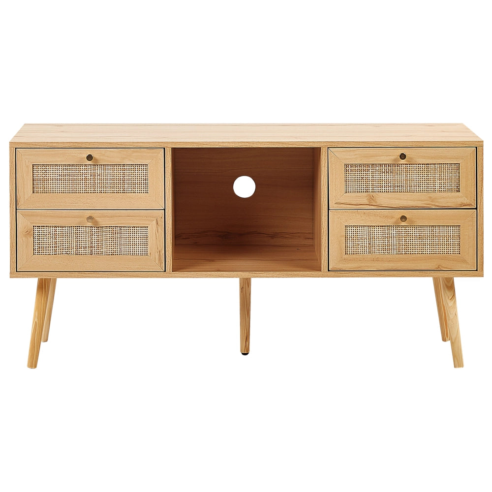 Mobile da TV in rattan legno chiaro con 4 cassetti stile boho soggiorno camera da letto