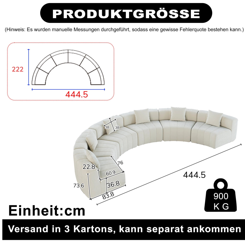 Sofà modulare curvo in chenille beige, composizione semicircolare da 6 moduli con 2 cuscini