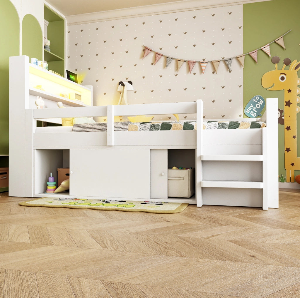 Letto a soppalco 90x200 cm con contenitore; LED e USB in legno bianco