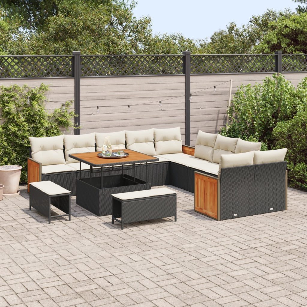 Set di divani da giardino 13 pezzi con cuscini Nero Polyrattan Acacia