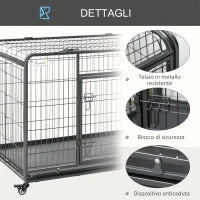 Kennel Gabbia per Cani Pieghevole a Doppia Porta con Blocco, Box per Cani con 4 Ruote con Freno e Fondo Rimovibile, 125x76x81cm, Grigio Scuro