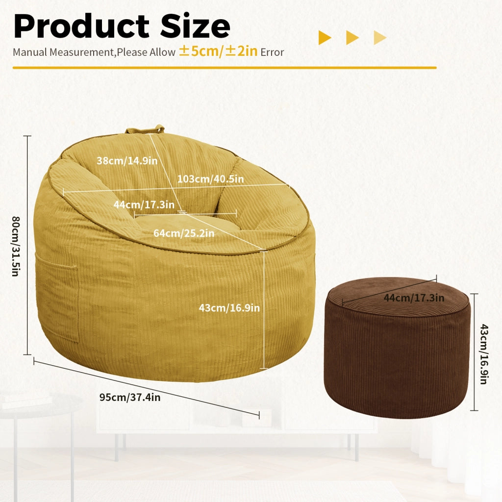 Poltrona con pouf sagomata ergonomica con tasca laterale portaoggetti per relax e lettura in flanella gialla