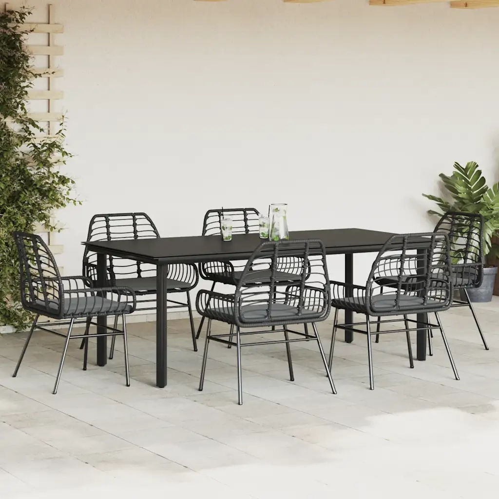 vidaXL Set Pranzo da Giardino 7 pz Nero con Cuscini Polyrattan Vetro